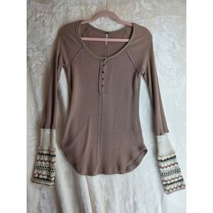 Free People Waffle Knit Bell Sleeve Thermal Top Mocha Brown Size S